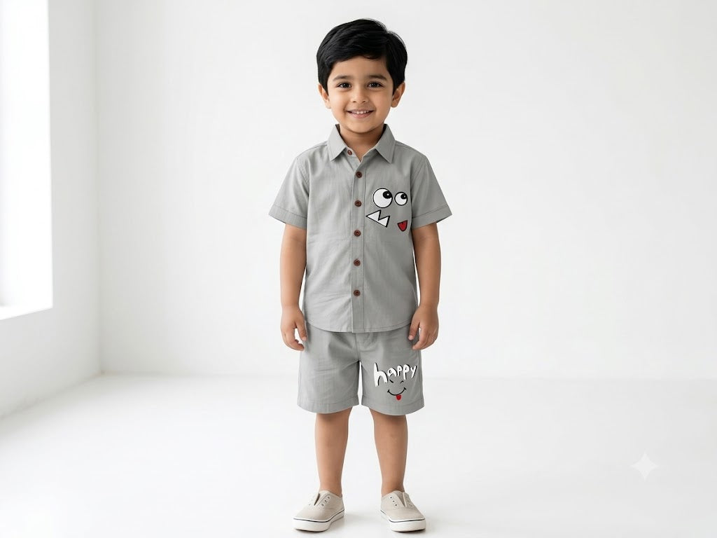 Kids T-Shirt & Short Set Printed Road Roller Grey - Sunshine