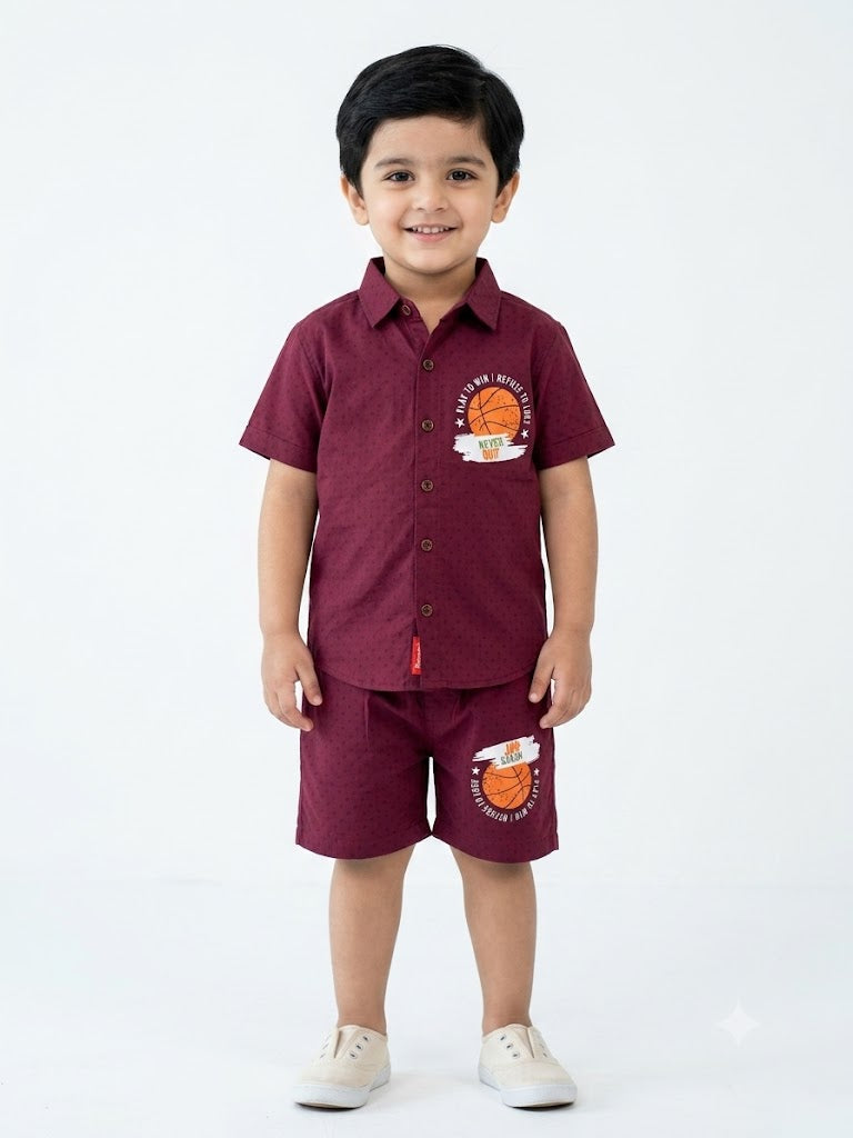Kids Printed Cotton Half Sleeves Pajama Set Football Maroon - Mini Charm