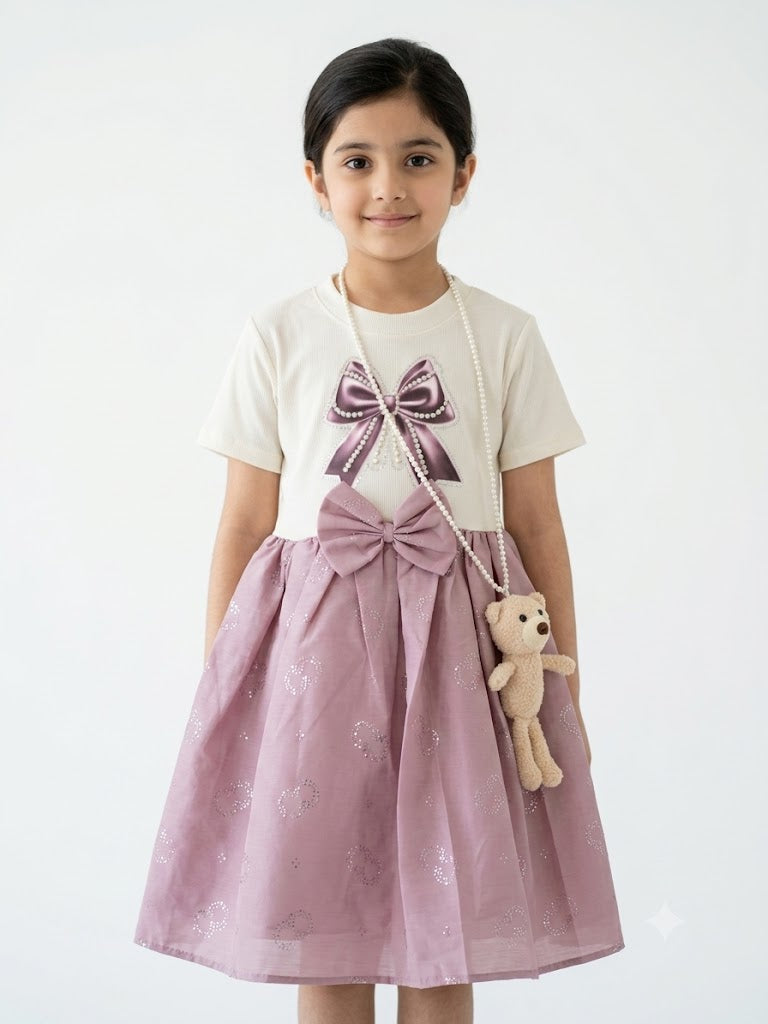 Girls White & Purple Bow Frock-Mini Charm