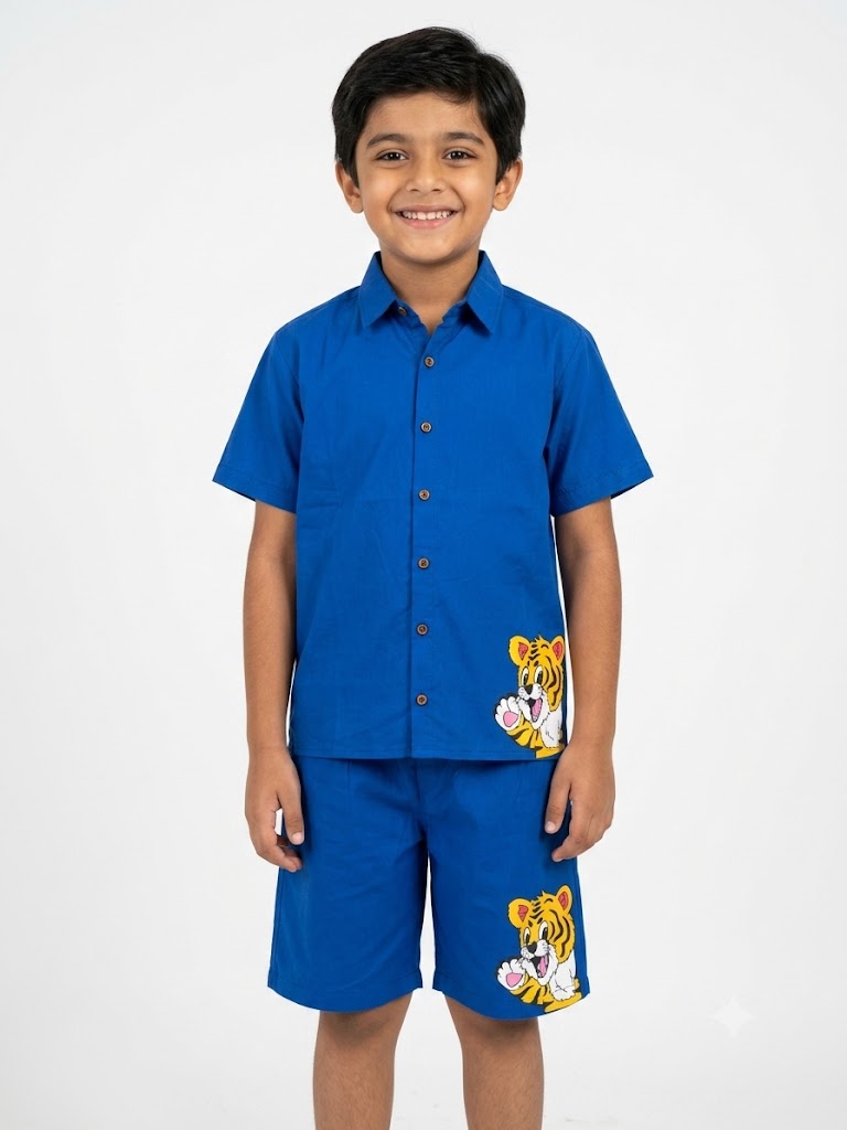 Kids T-Shirt & Short Set Printed Tiger Navy Blue - Sunshine