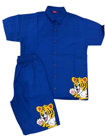 Kids T-Shirt & Short Set Printed Tiger Navy Blue - Sunshine