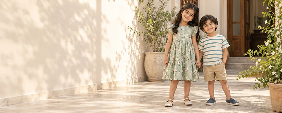 Illustrative campaign image of Pakistani children in a sunlit courtyard